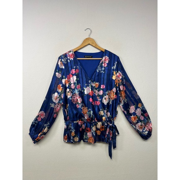 INC International Concepts Tops - INC Floral Metallic Shimmer Romantic Womens Large Blue Wrap Peplum Blouse